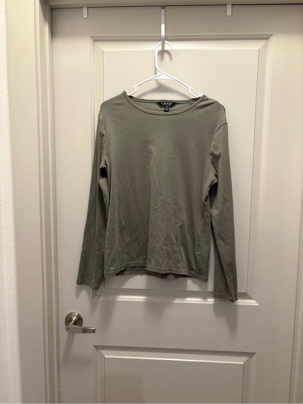 Lauren Ralph Lauren Olive Green Long-Sleeve Crewneck Top Cotton Size L